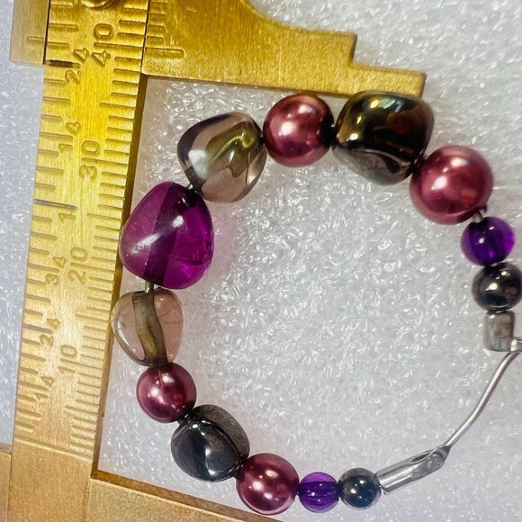 OOAK Mixed Media Beaded Artisan Hoop Pierced Earrings Purple Metallic Silver-ton - Picture 5 of 5